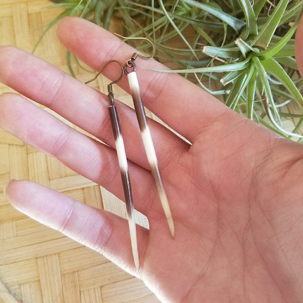 Boho African Porcupine Quill Spike Minimalist Earrings Brass Silver Gold